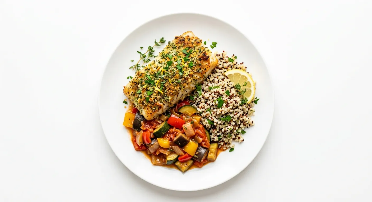 Herb-Crusted Cod with Ratatouille and Quinoa