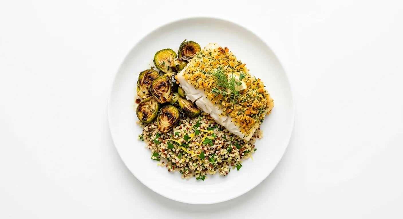 Autumn Herb-Crusted Cod with Roasted Brussels Sprouts and Quinoa