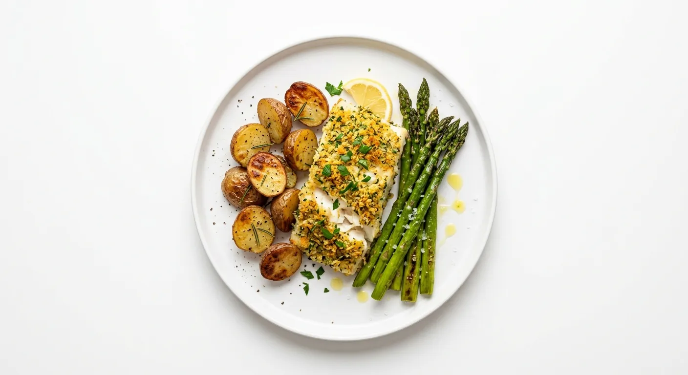 Herb-Crusted Cod with Roasted Potatoes and Asparagus
