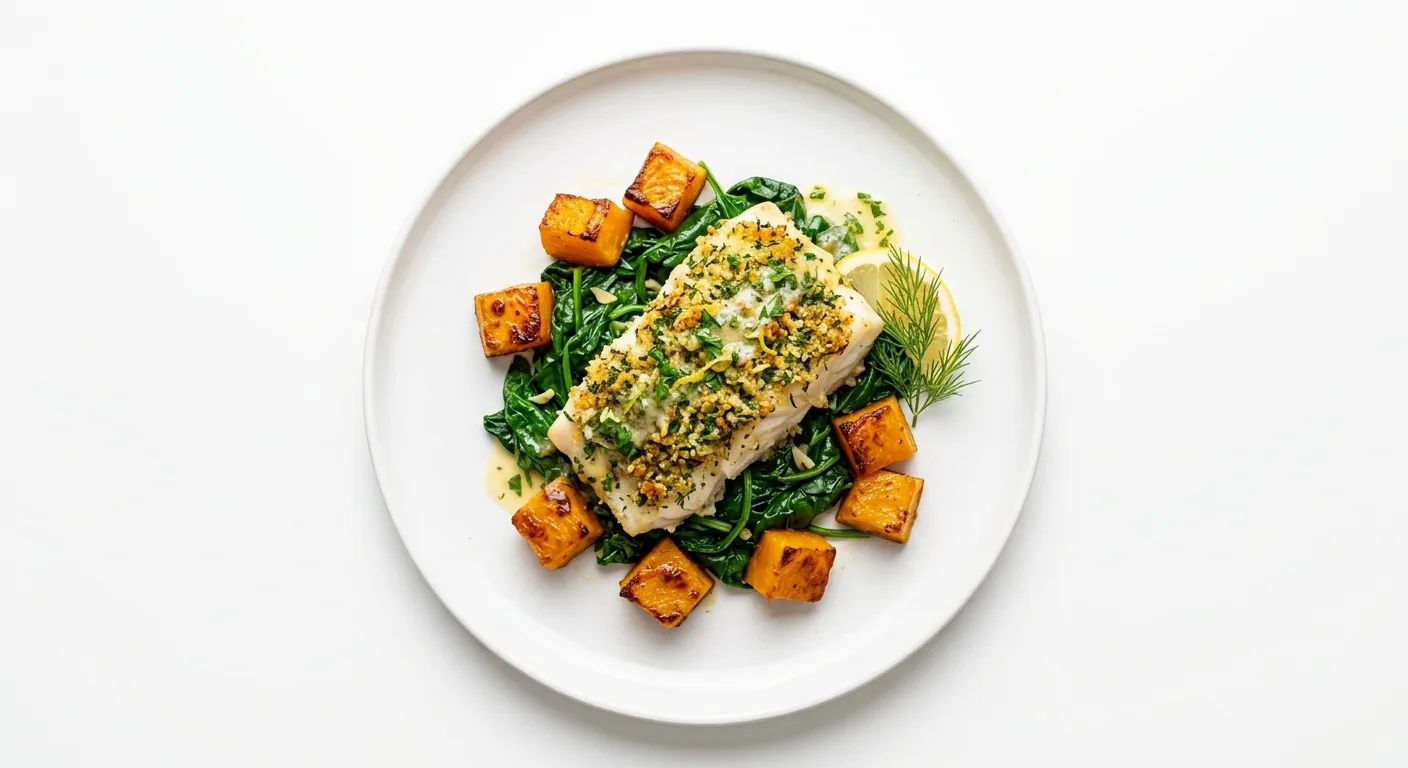 Herb-Crusted Cod with Roasted Pumpkin and Spinach