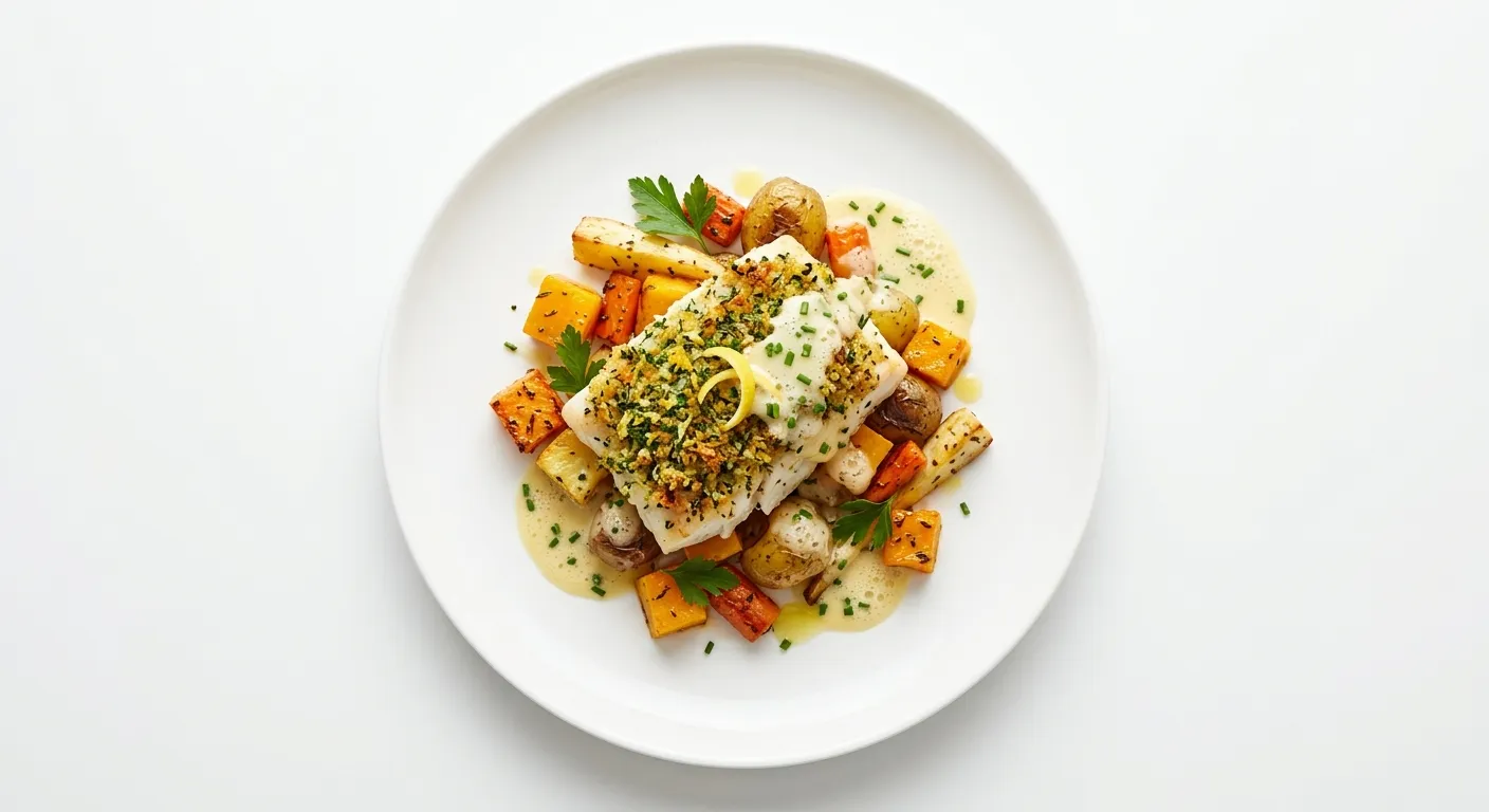 Herb-Crusted Cod with Roasted Root Vegetables and Lemon Beurre Blanc