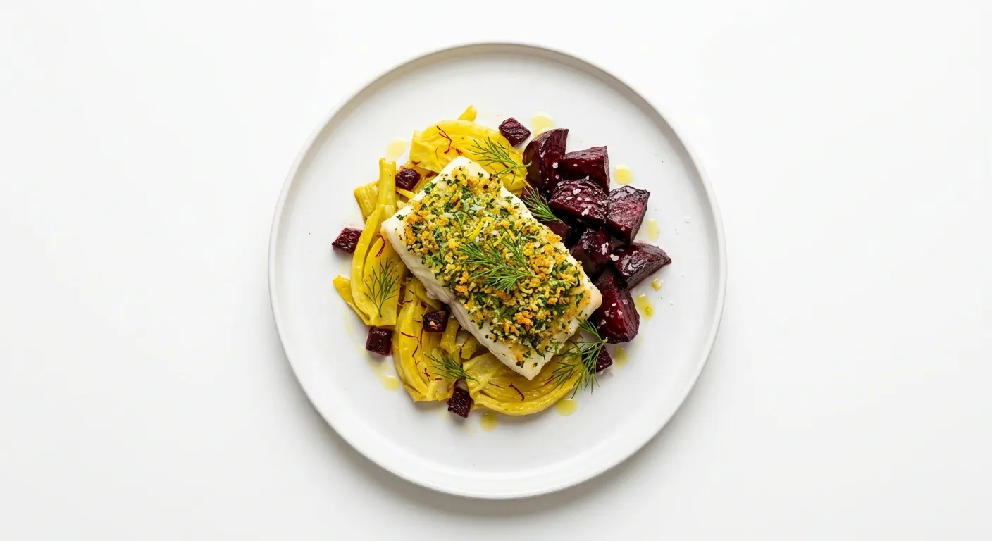 Herb-Crusted Cod with Saffron-Infused Fennel and Roasted Beetroot