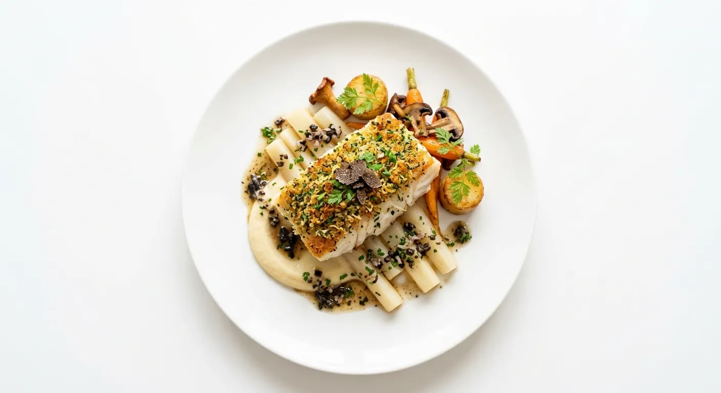 Herb-Crusted Cod with Salsify and Black Truffle Vinaigrette
