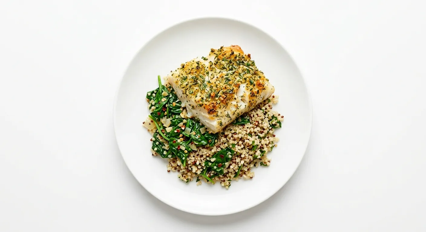 Herb-Crusted Cod with Sautéed Spinach and Quinoa