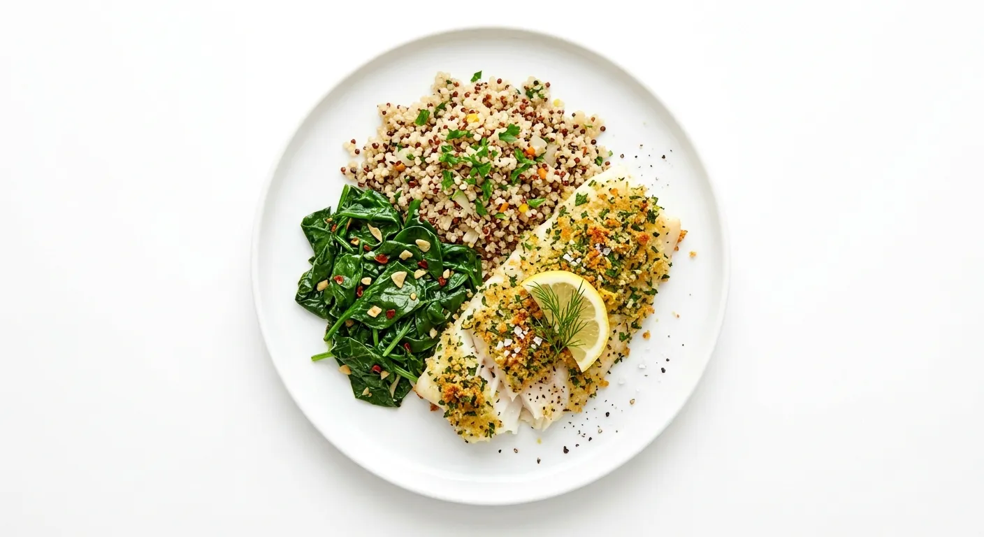 Autumn Herb-Crusted Haddock with Sautéed Spinach and Quinoa