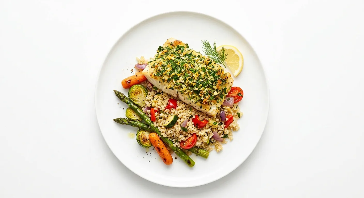 Herb-Crusted Halibut with Quinoa and Roasted Vegetables