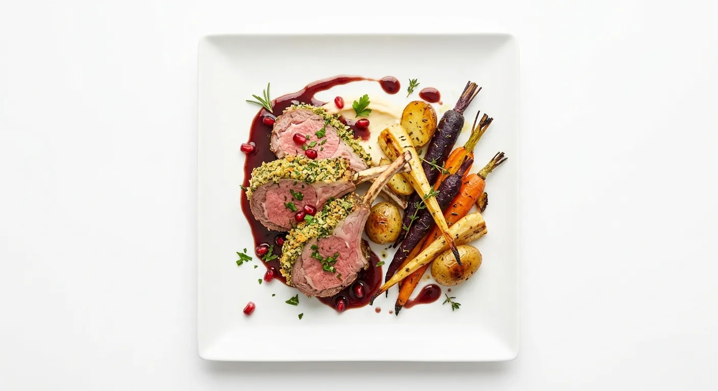 Herb-Crusted Lamb with Pomegranate Reduction and Roasted Root Vegetables