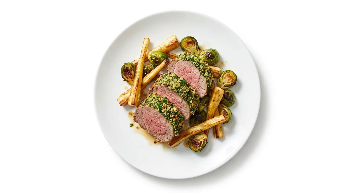 Autumn Herb-Crusted Lamb with Roasted Parsnips and Brussels Sprouts