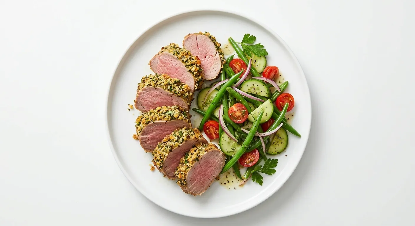 Herb-Crusted Pork Tenderloin with Cucumber and Green Bean Salad