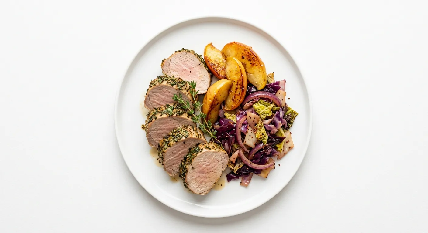 Autumn Herb-Crusted Pork Tenderloin with Roasted Apples and Cabbage