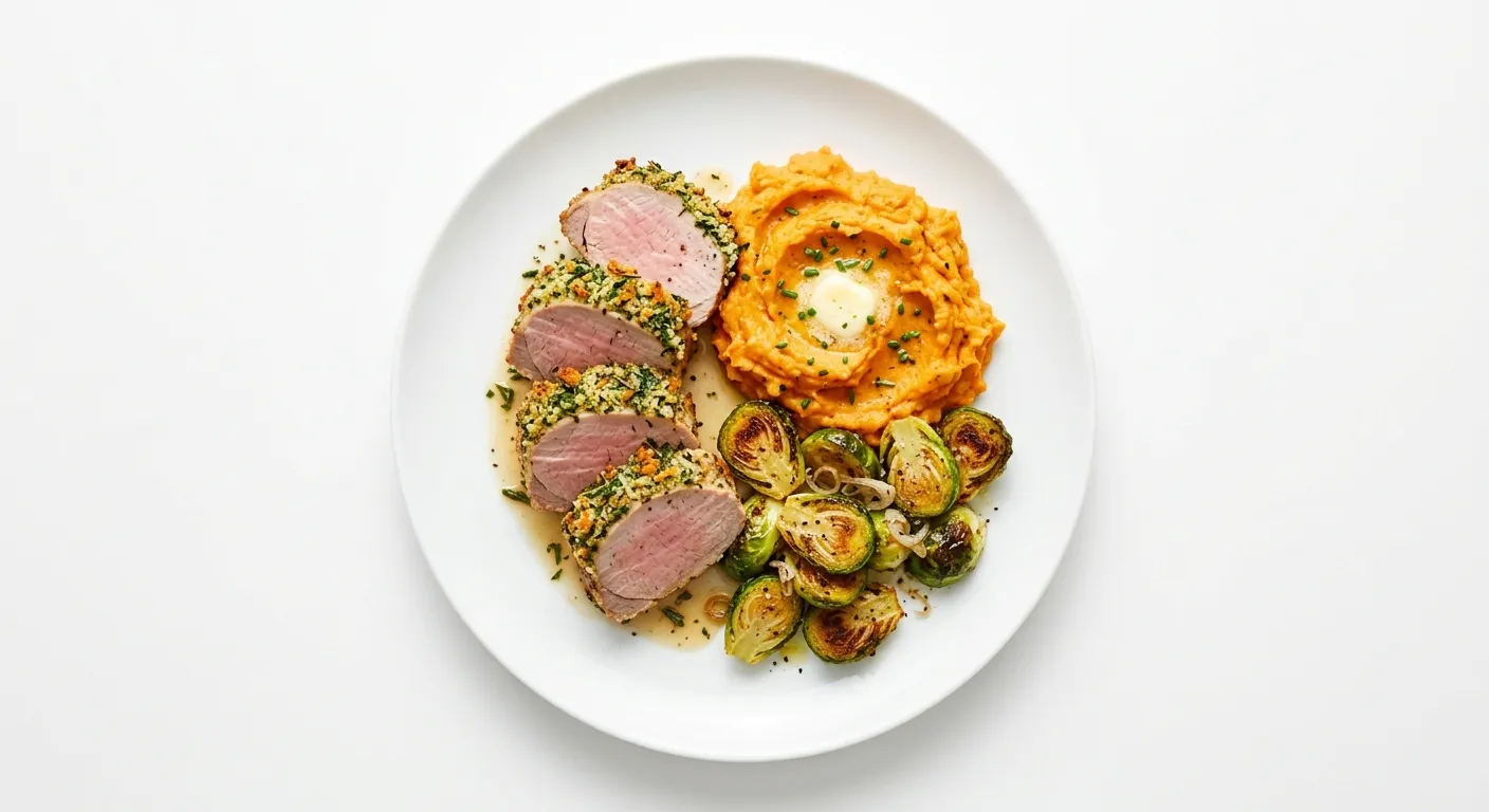 Autumn Herb-Crusted Pork Tenderloin with Roasted Brussels Sprouts and Sweet Potato Mash