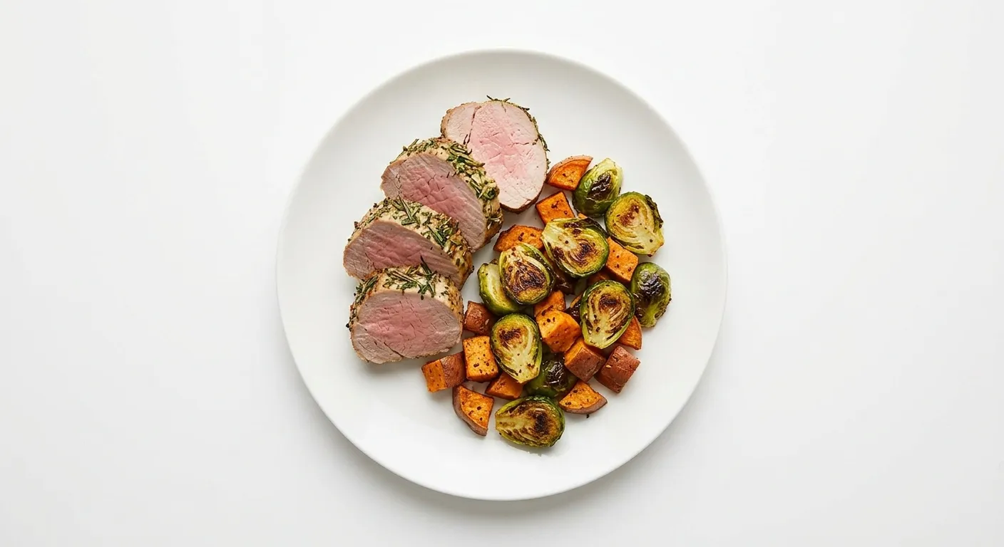Herb-Crusted Pork Tenderloin with Roasted Brussels Sprouts and Sweet Potatoes