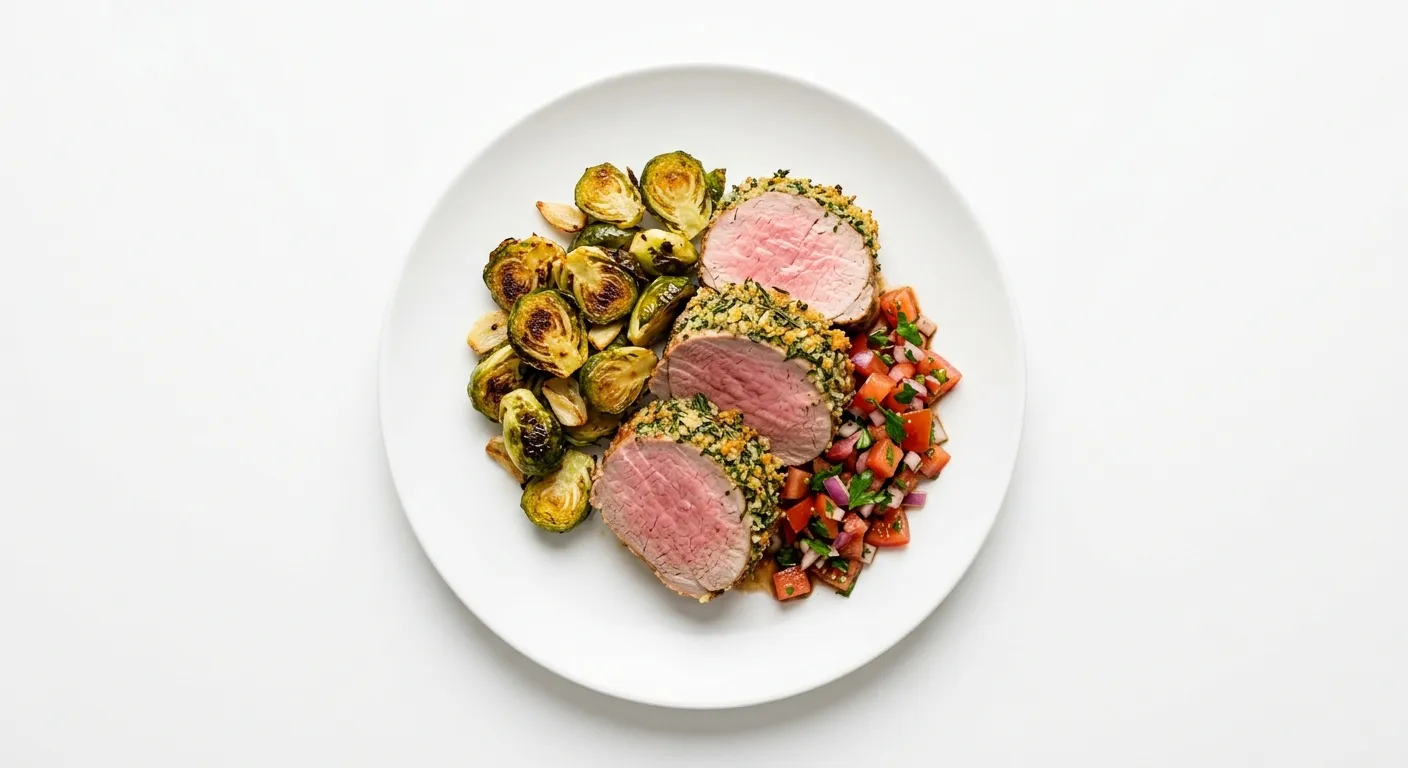 Herb-Crusted Pork Tenderloin with Roasted Brussels Sprouts and Tomato Relish