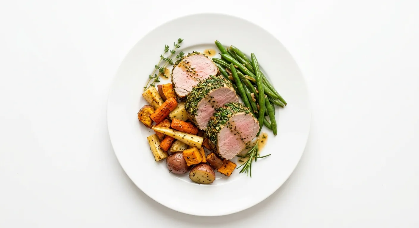 Autumn Herb-Crusted Pork Tenderloin with Roasted Root Vegetables