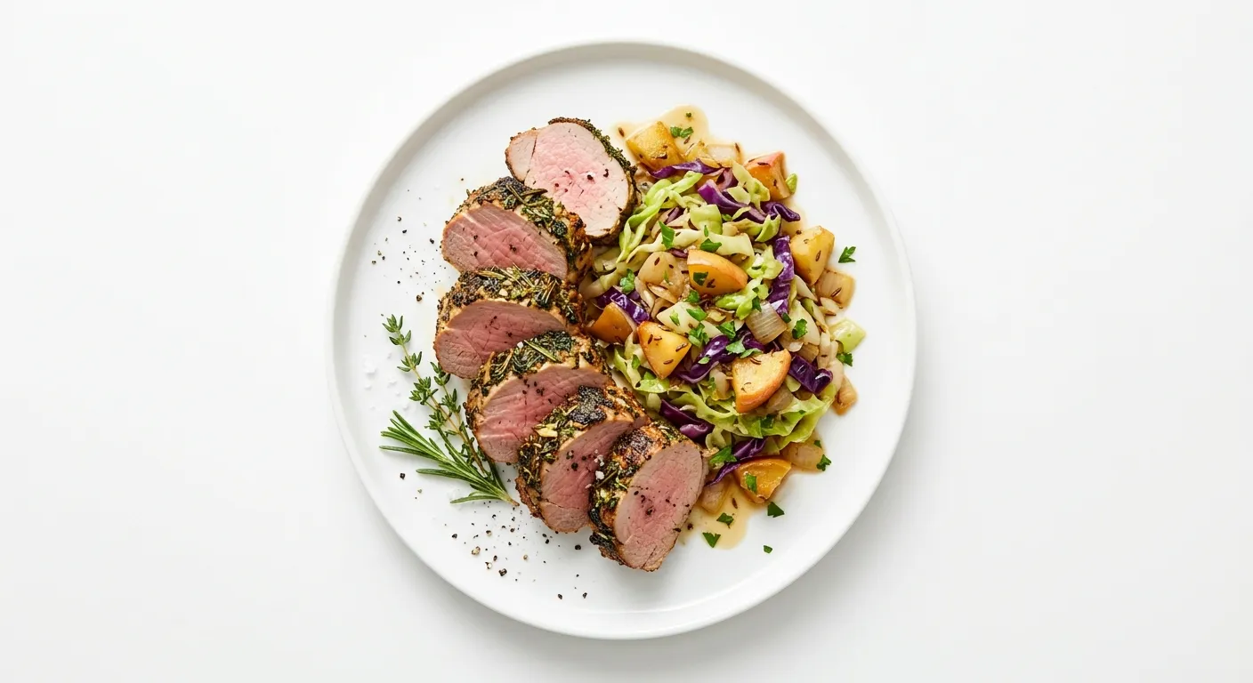 Herb-Crusted Pork Tenderloin with Sautéed Cabbage and Apple