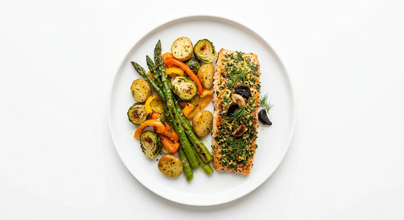 Herb-Crusted Salmon with Black Garlic and Roasted Vegetables