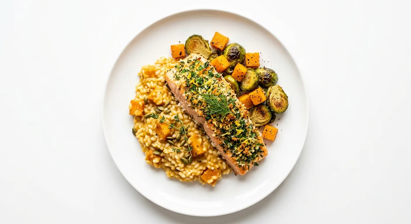 Herb-Crusted Salmon with Roasted Brussels Sprouts and Pumpkin Risotto