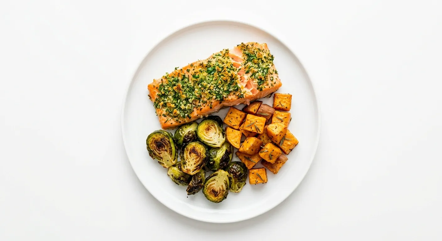 Autumn Herb-Crusted Salmon with Roasted Brussels Sprouts and Sweet Potato