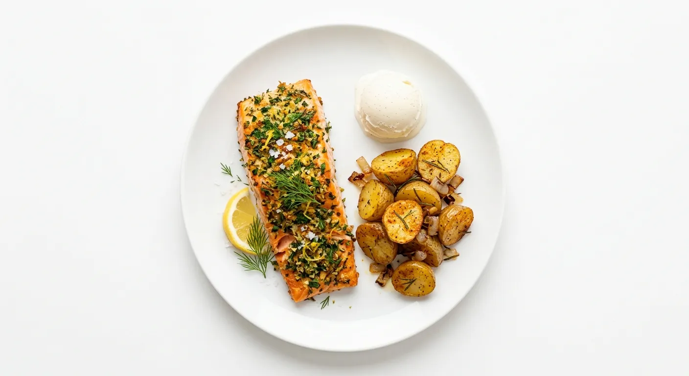 Herb-Crusted Salmon with Roasted Potatoes and Vanilla Ice Cream