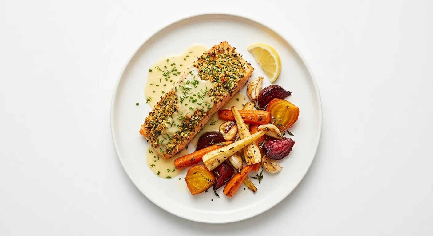 Herb-Crusted Salmon with Roasted Root Vegetables and Citrus Beurre Blanc