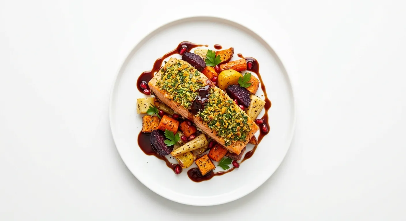 Herb-Crusted Salmon with Roasted Root Vegetables and Pomegranate Reduction