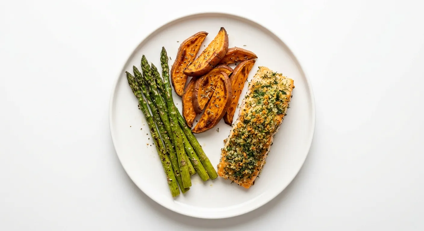 Herb-Crusted Salmon with Roasted Sweet Potatoes and Asparagus