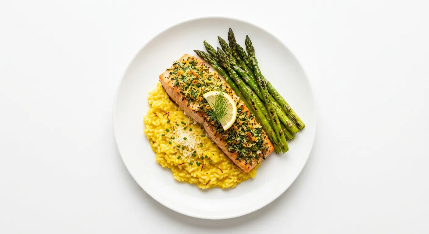 Herb-Crusted Salmon with Saffron Risotto and Asparagus