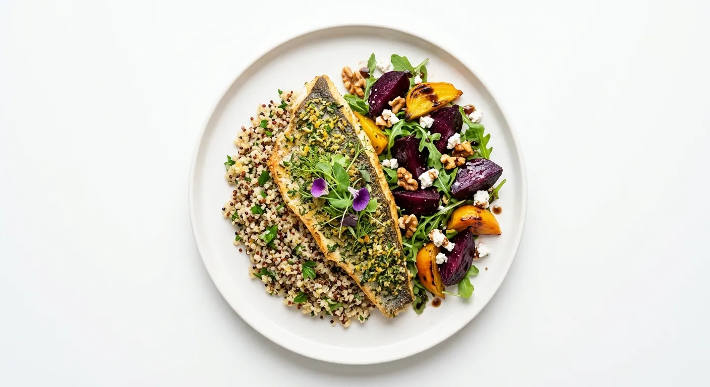 Autumn Herb-Crusted Sea Bass with Roasted Beetroot and Quinoa