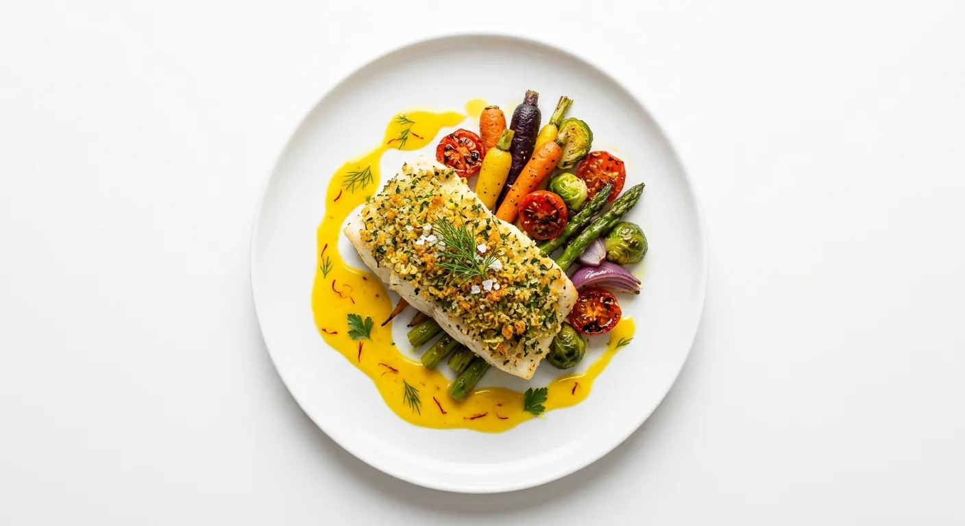 Herb-Crusted Sea Bass with Roasted Autumn Vegetables and Saffron Sauce