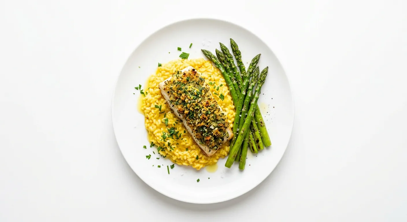 Exotic Herb-Crusted Sea Bass with Saffron Risotto and Asparagus