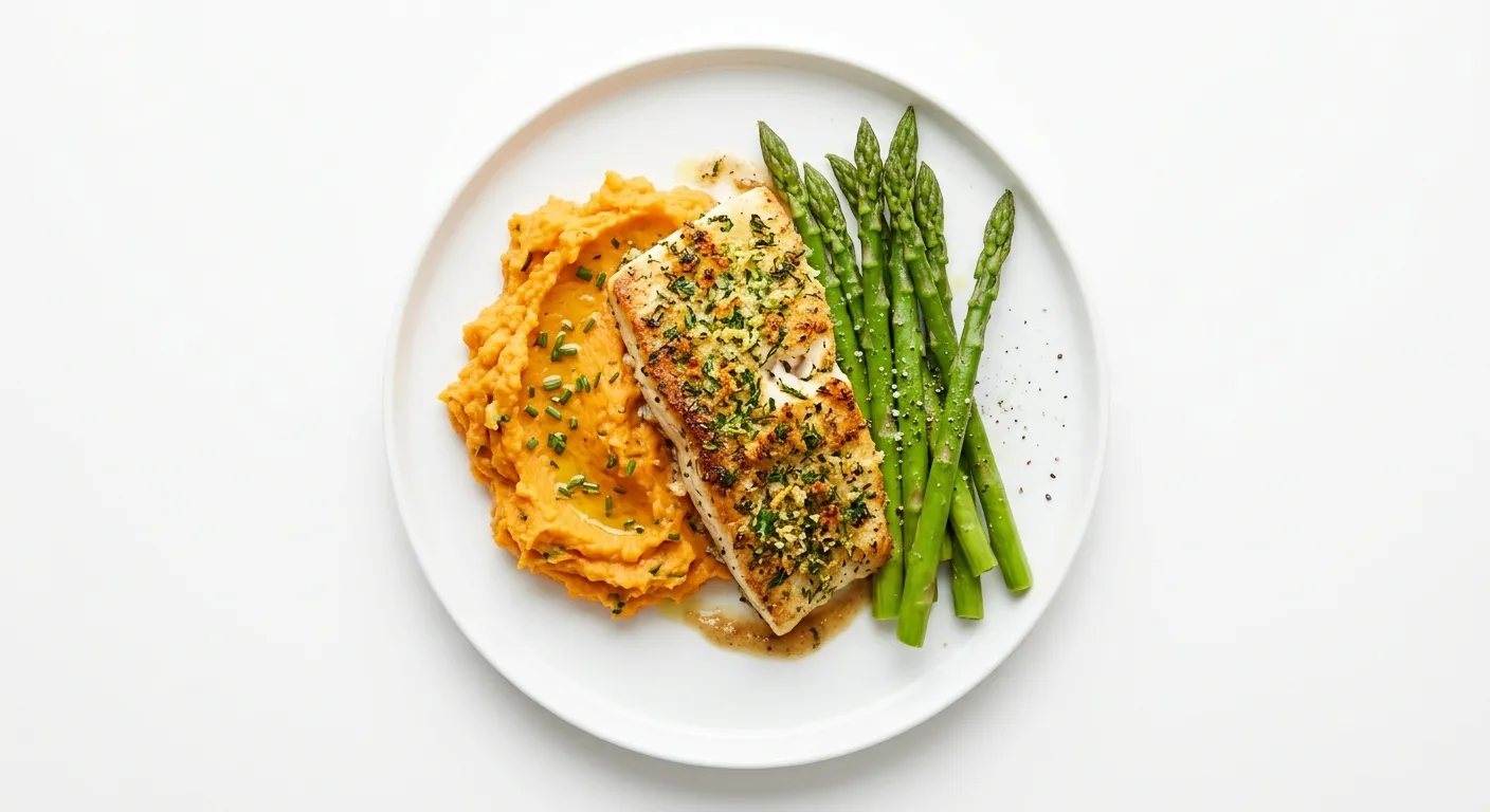 Herb-Crusted Sea Bass with Sweet Potato Mash and Steamed Asparagus