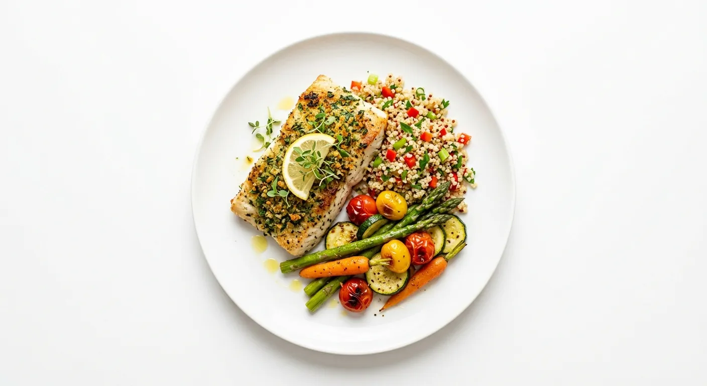 Herb-Crusted Sea Bass with Autumn Vegetables and Quinoa