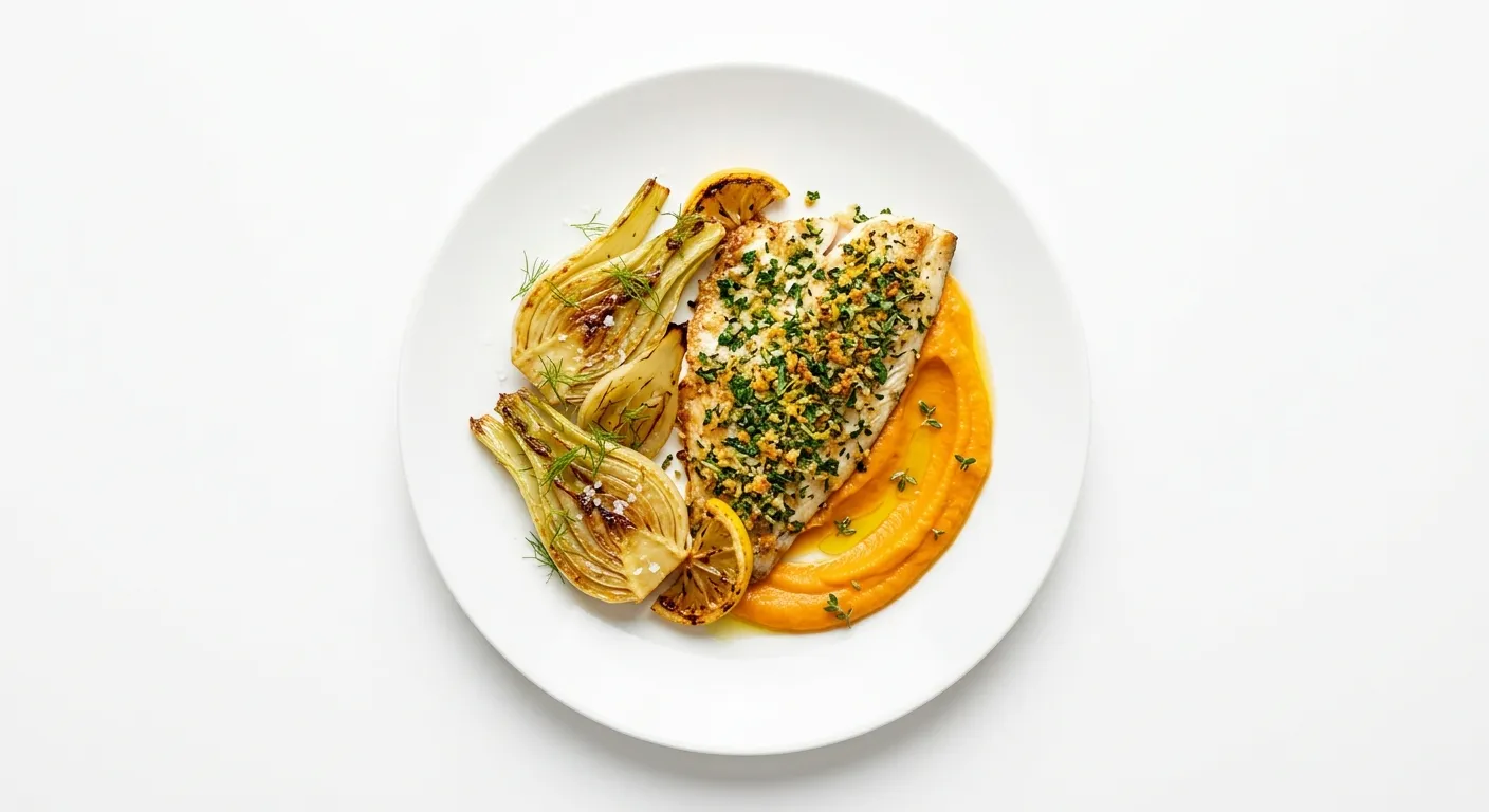 Herb-Crusted Sea Bream with Roasted Fennel and Carrot Puree