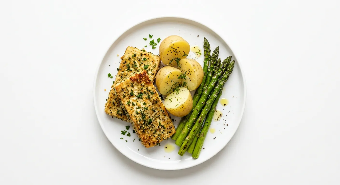 Herb-Crusted Tofu with Boiled Potatoes and Asparagus