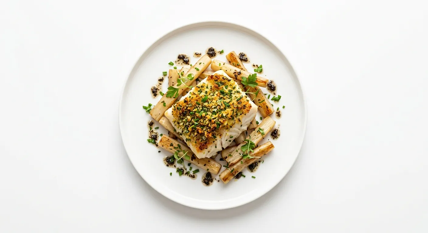 Herb-Crusted Turbot with Salsify and Black Truffle Vinaigrette