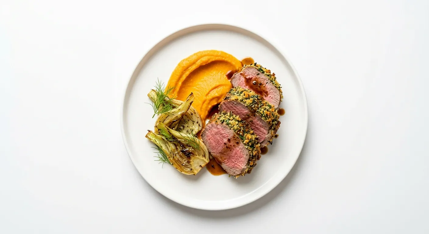 Autumn Herb-Crusted Veal with Roasted Fennel and Carrot Purée