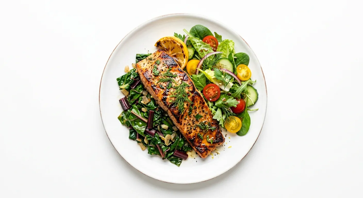 Herb-Infused Grilled Salmon with Swiss Chard and Lettuce Salad