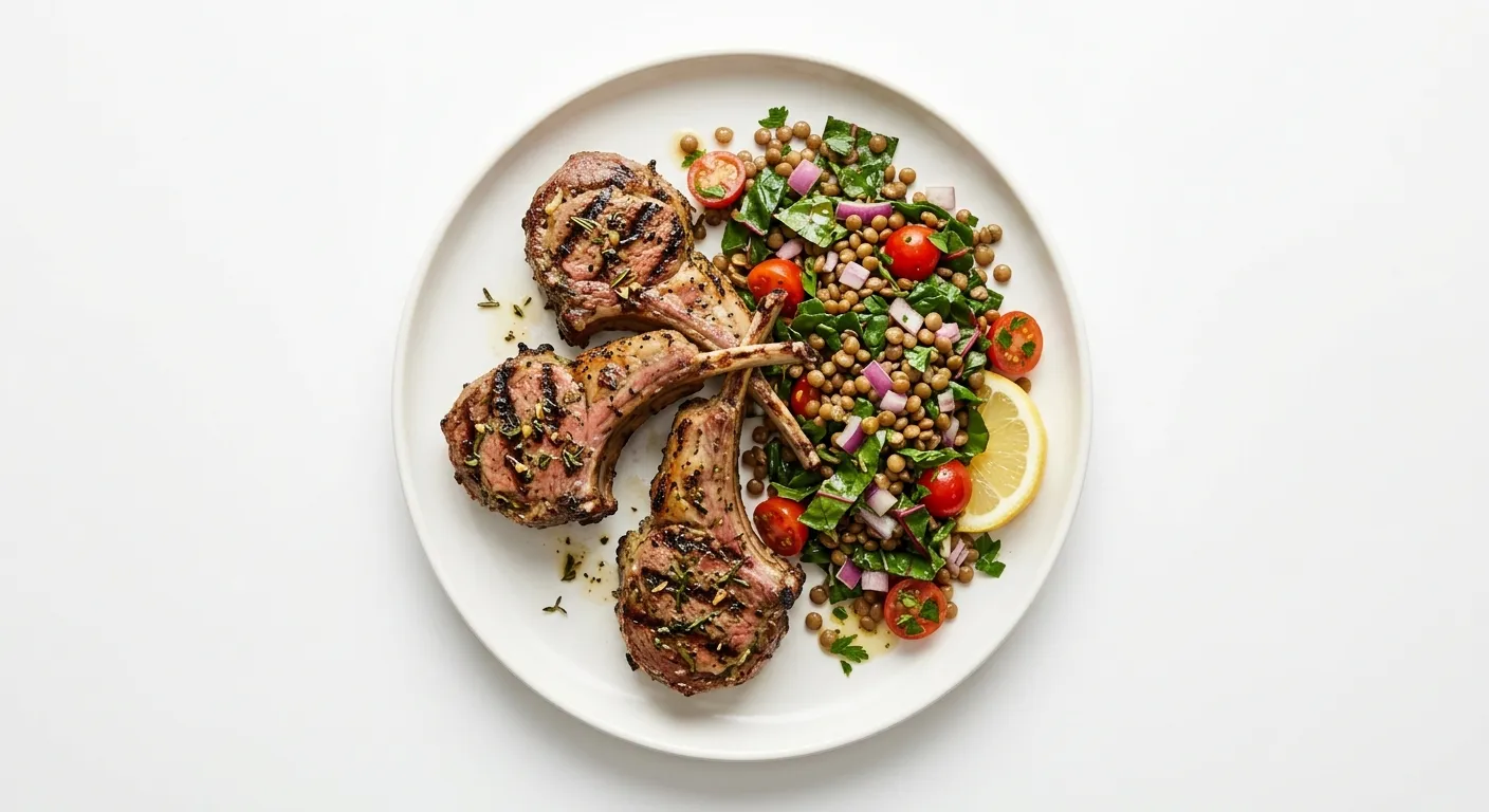 Herb-Marinated Grilled Lamb Chops with Swiss Chard and Lentil Salad