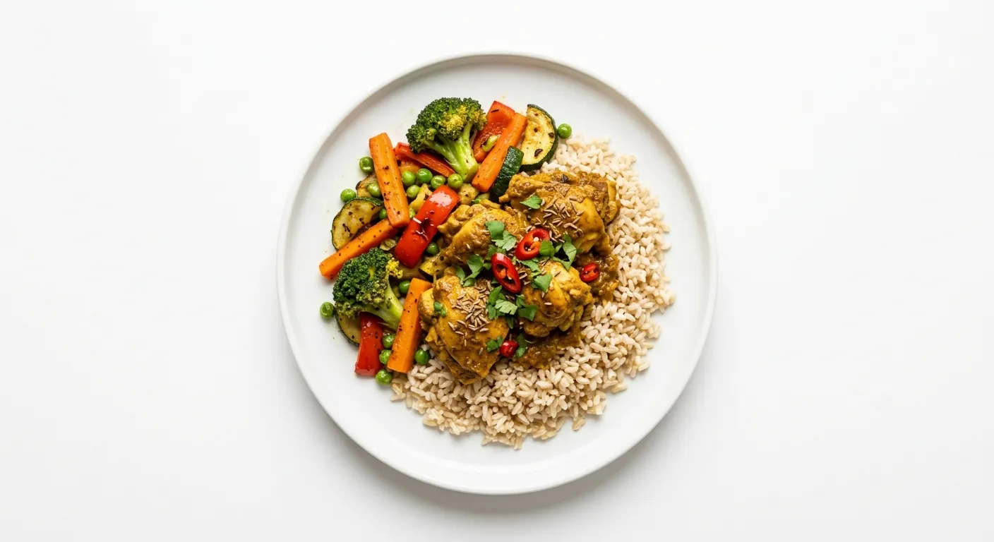 Indian Spiced Chicken with Brown Rice and Mixed Vegetables