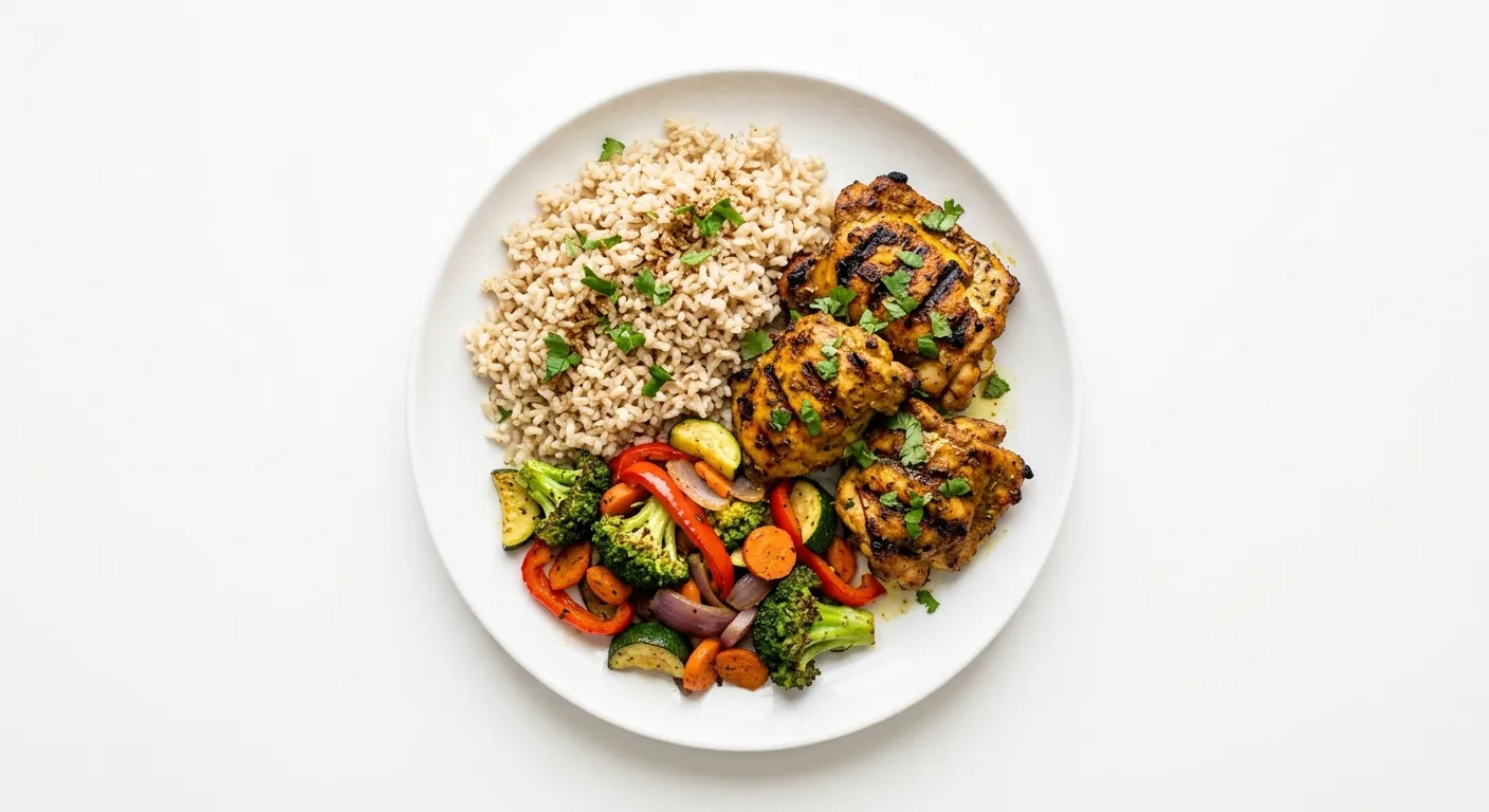 Indian Spiced Grilled Chicken with Brown Rice and Mixed Vegetables
