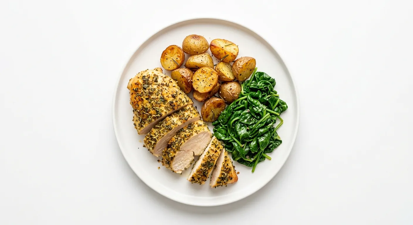 Italian Herb-Crusted Chicken with Roasted Potatoes and Sautéed Spinach