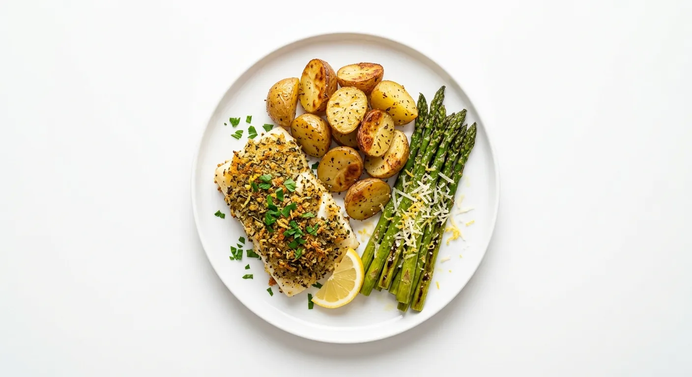 Italian Herb-Crusted Cod with Roasted Potatoes and Asparagus