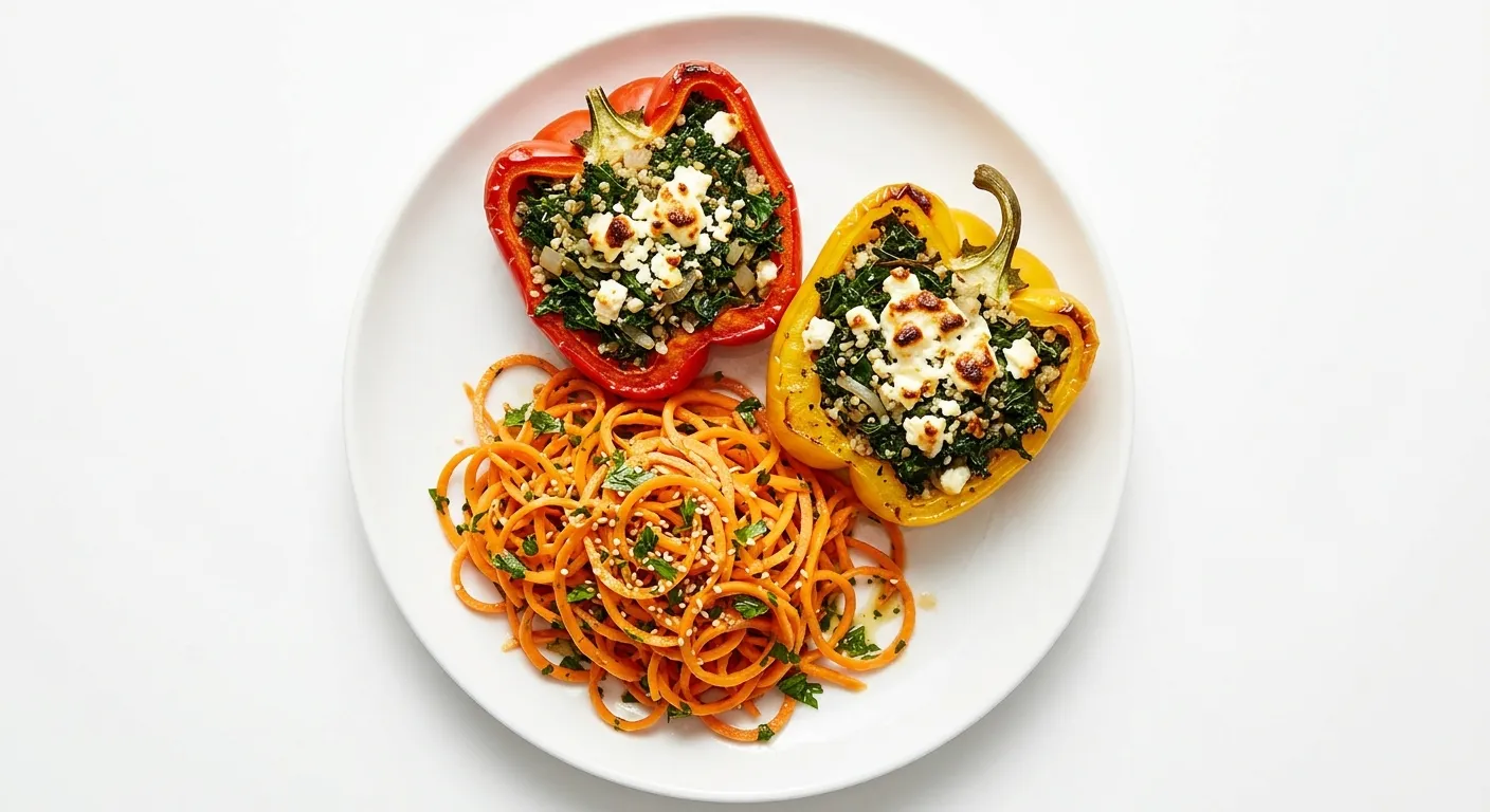 Spicy Kale and Feta Stuffed Peppers with Carrot Noodle Salad