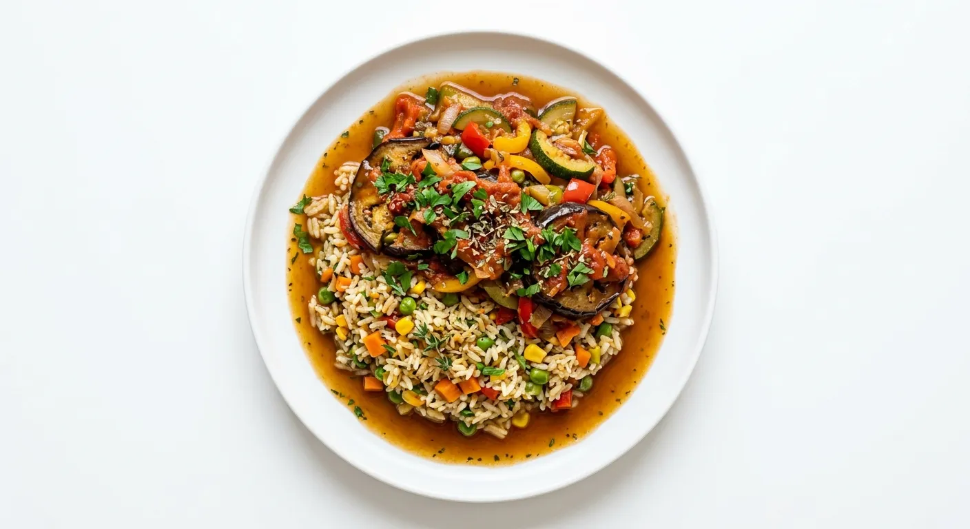 Layered Eggplant and Vegetable Rice with Savory Broth