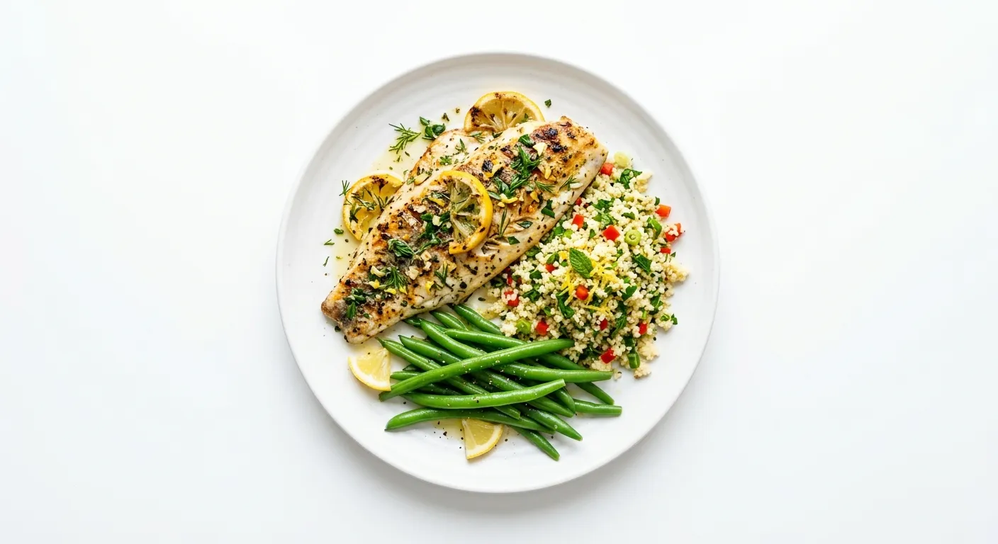 Lemon Herb Grilled Sea Bass with Couscous and Steamed Green Beans