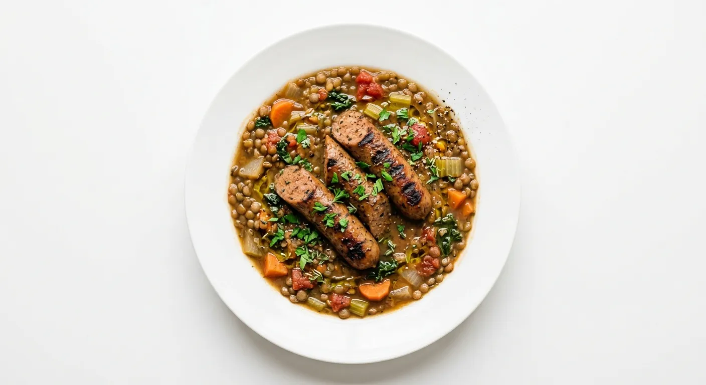 Hearty Lentil and Vegetable Stew with Grilled Vegetarian Sausages