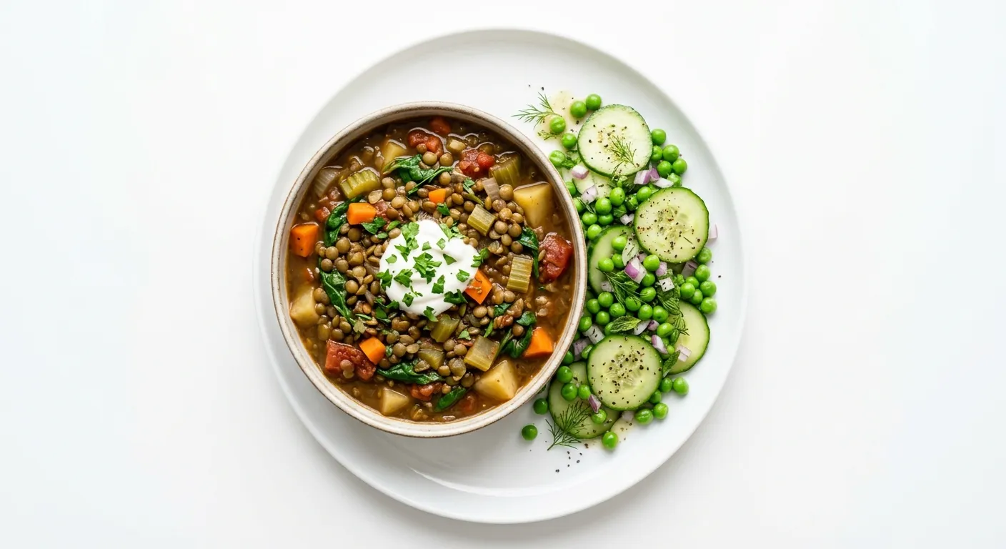 Lentil and Vegetable Stew with Pea and Cucumber Salad
