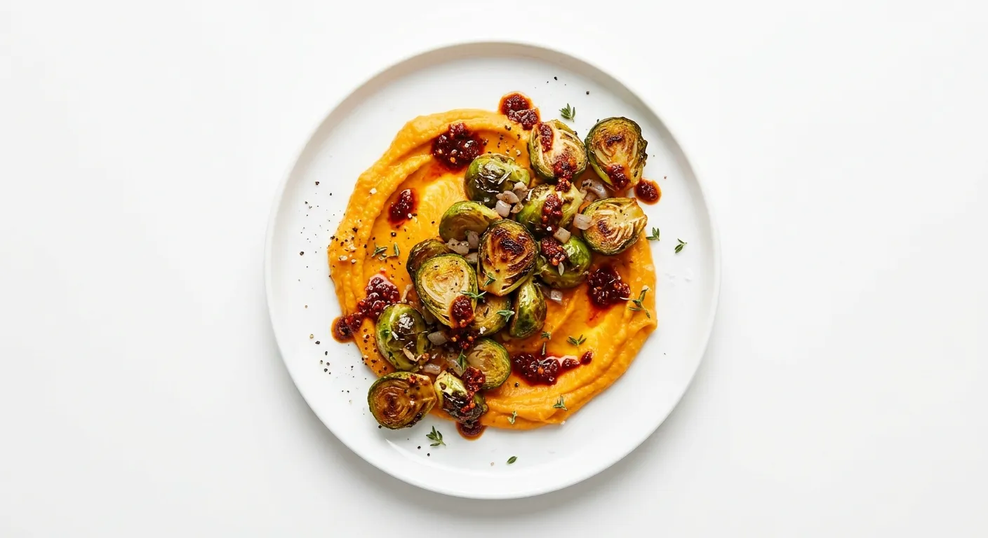 Maple Roasted Brussels Sprouts with Carrot Ginger Purée and Spicy Harissa Sauce