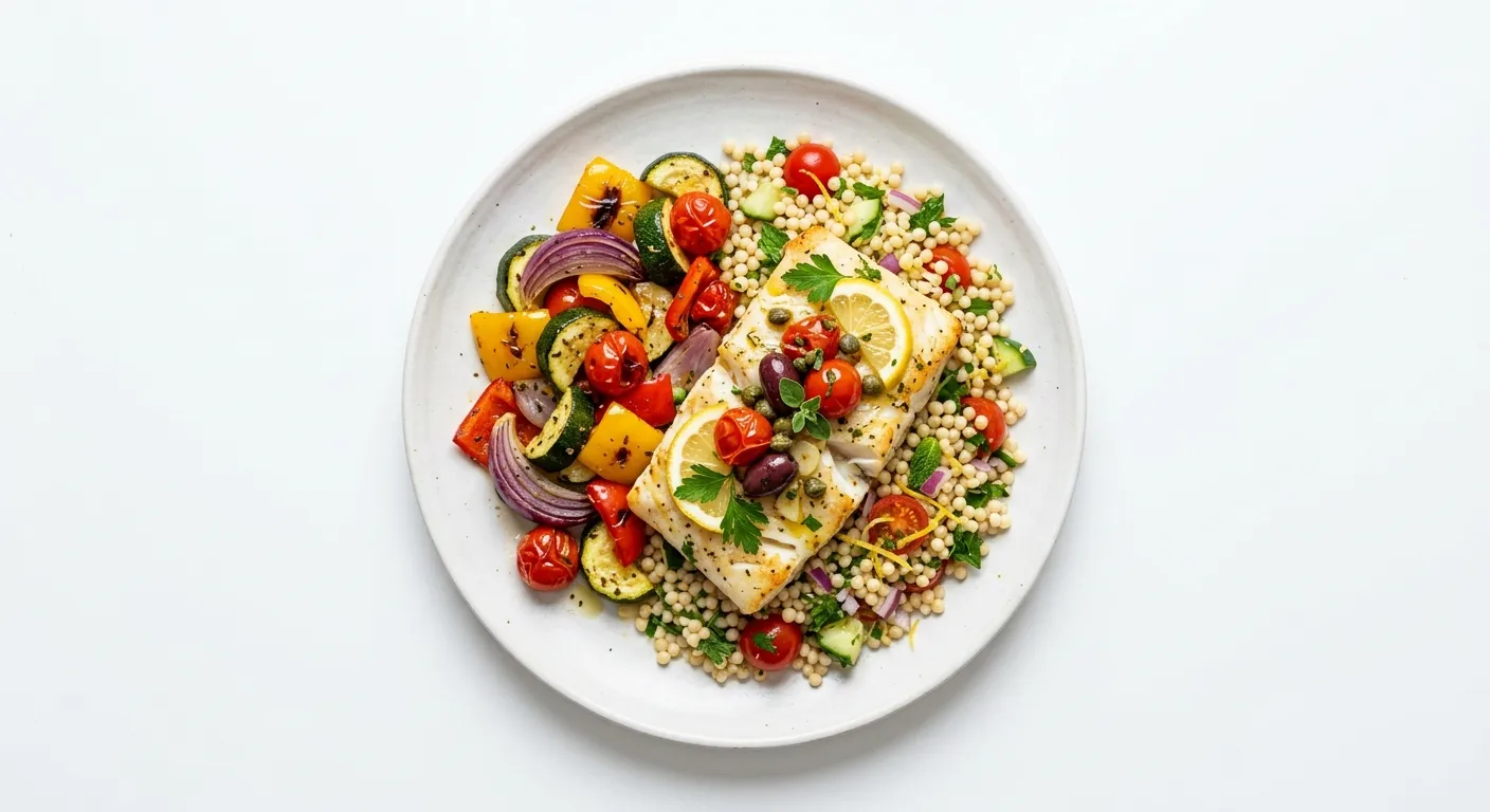 Mediterranean Baked Cod with Couscous and Roasted Vegetables