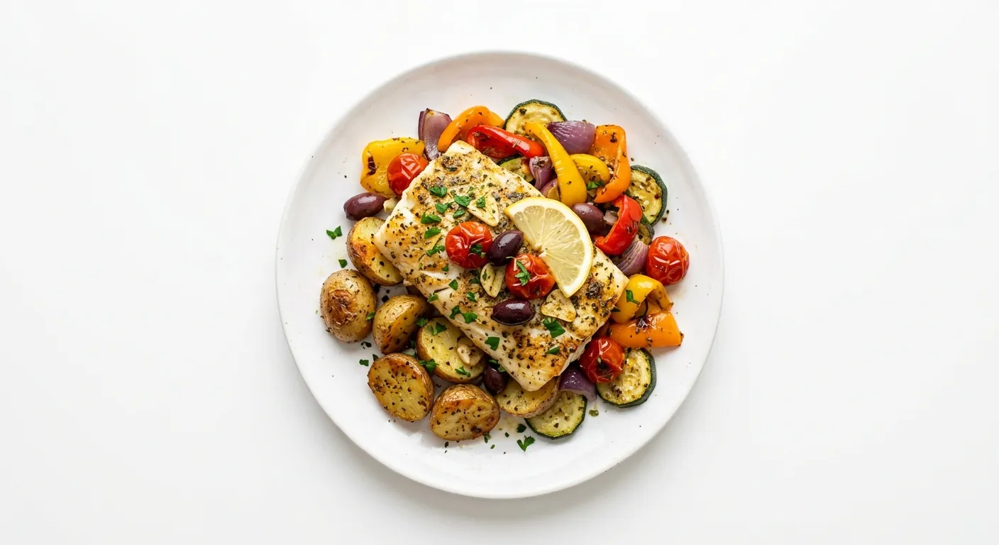 Mediterranean Baked Cod with Roasted Potatoes and Vegetables